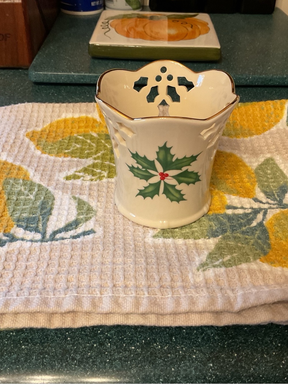 Festive Holly Ceramic Votive Holder with Gold Trim